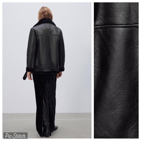 Zara Black Faux Leather Shearling Biker Jacket - Picture 7 of 12